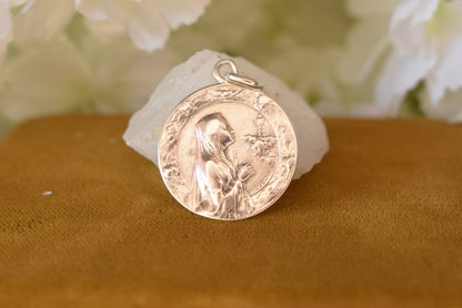 Antique French Silver Medal Praying Virgin Mary 1899 – Signed H. Dubois – Religious Pendant