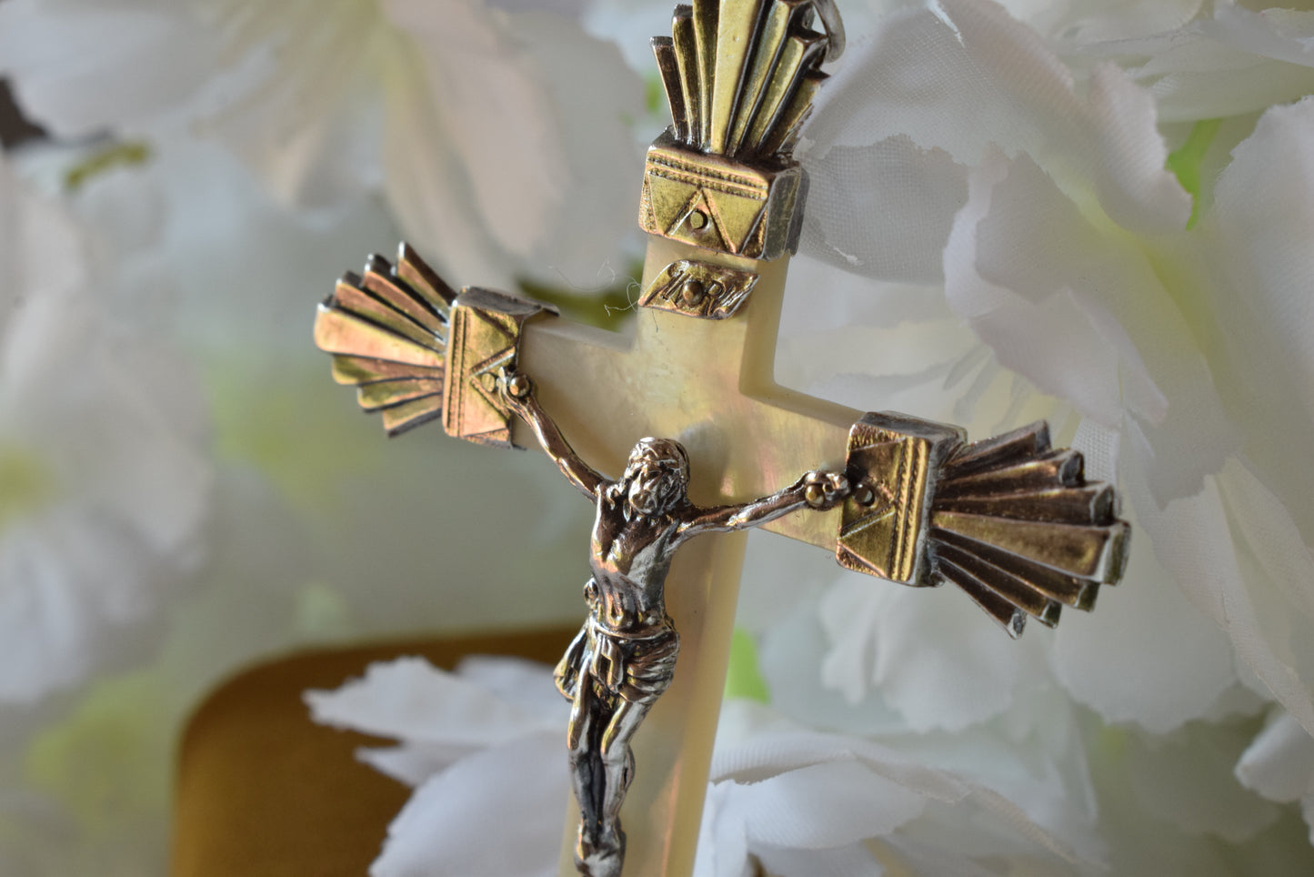 Antique French Sterling Silver Crucifix Pendant, Art Deco Cross with Mother of Pearl & Charançon Hallmark, Vintage Religious Jewelry
