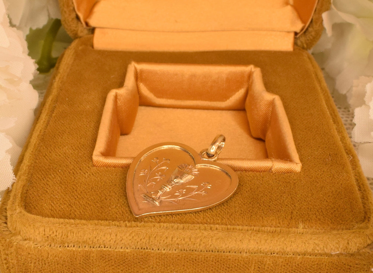Antique French Heart Religious Medal, Vermeil Gold-Plated Solid Silver, Chalice Host Flowers Engraved 1898, First Communion Jewelry