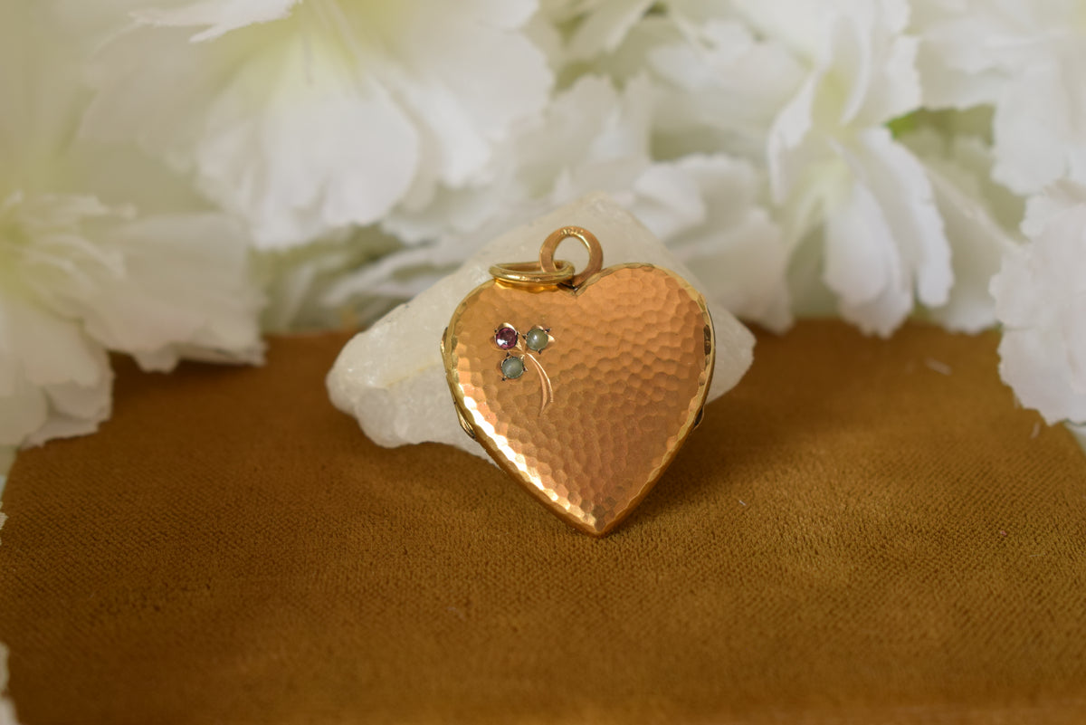 Antique French ORIA Gold Filled Heart Locket – Photo Locket – Clover Motif – Vintage Pendant