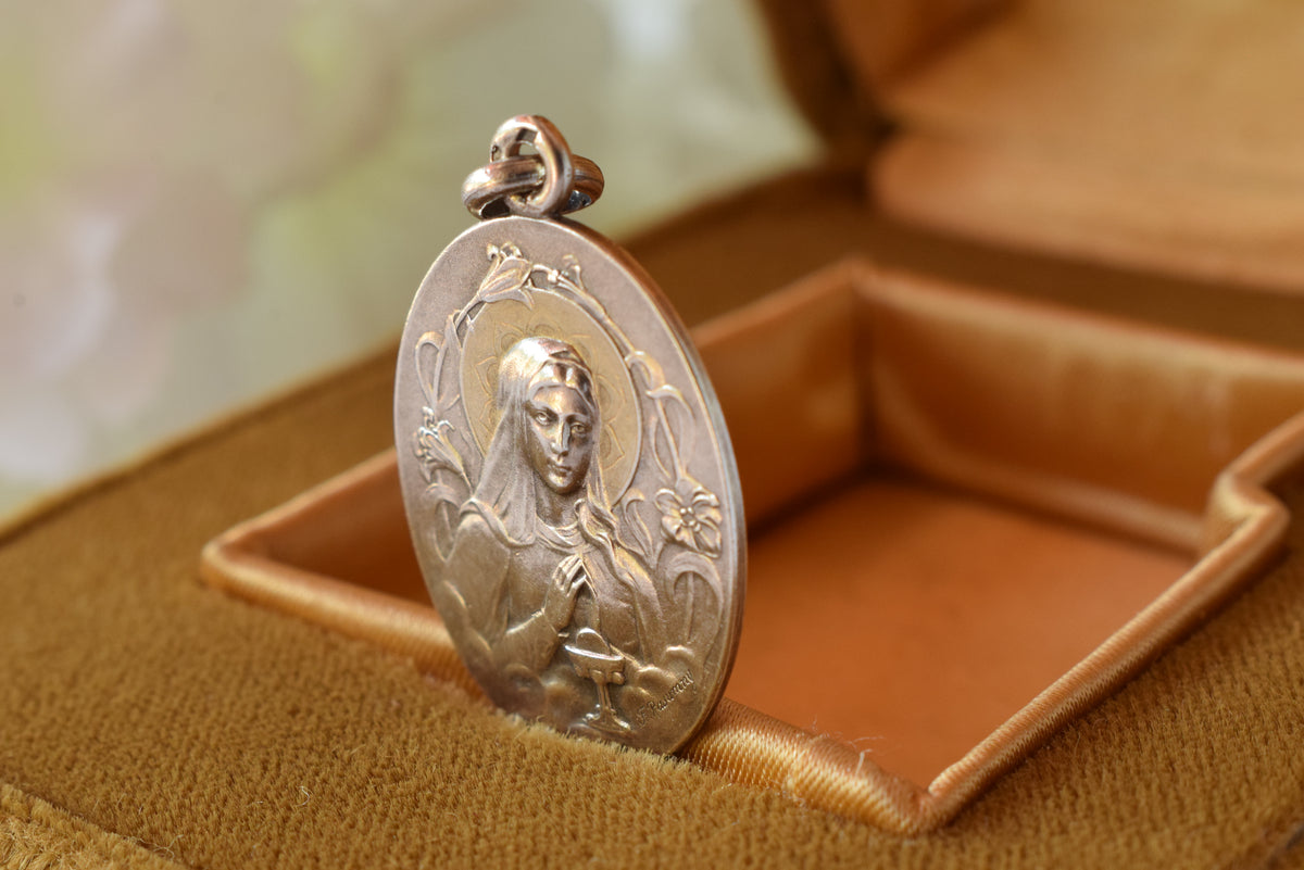 Antique French Silver Communion Medal Signed F. Rasumny Art Nouveau 1900s Religious Pendant Solid Silver 800 Rare Collectible