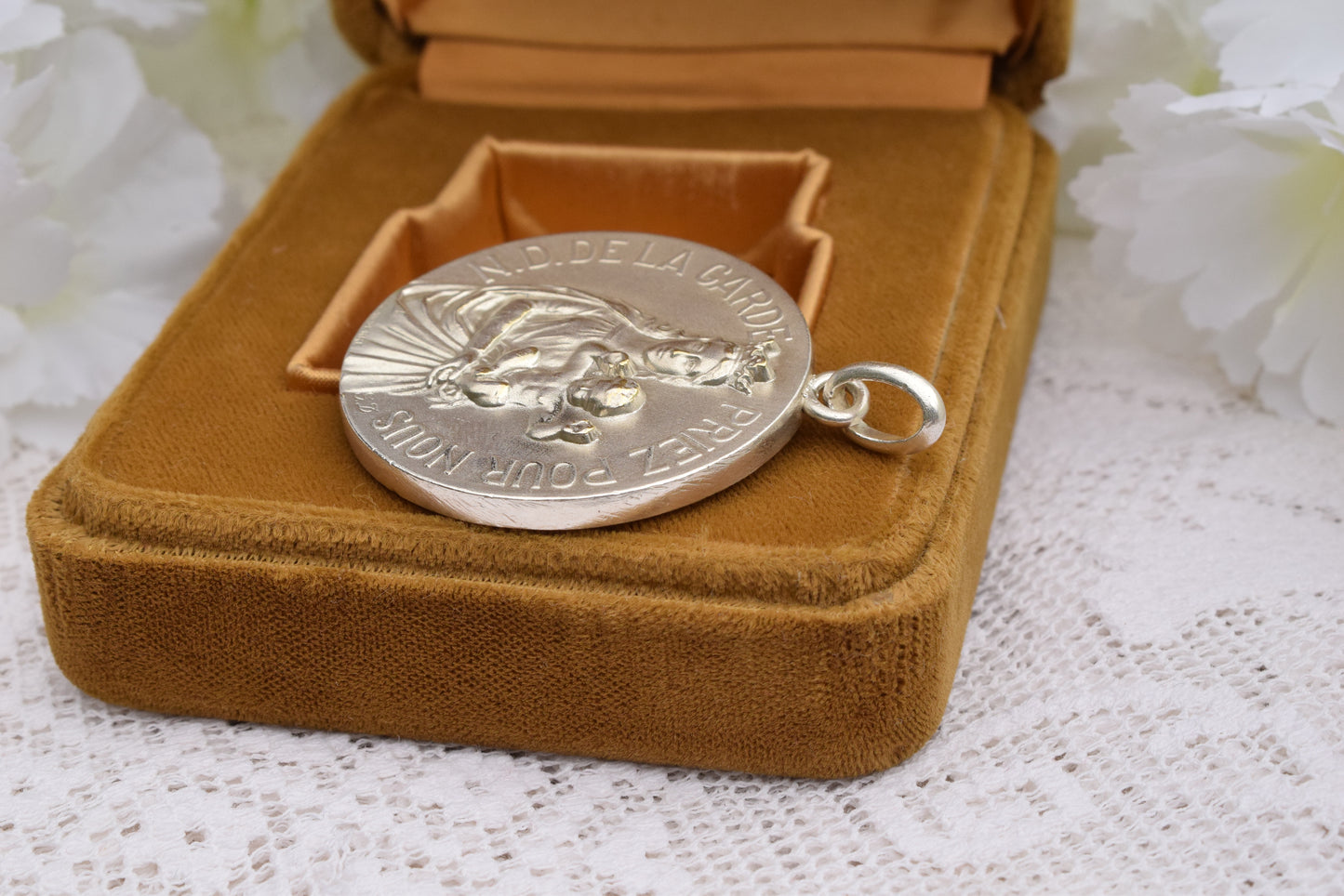 Antique Notre-Dame de la Garde Medal Signed Lasserre – Silver-Plated Bronze 40mm, French Vintage Religious Jewelry, Virgin & Child Pendant Collectible