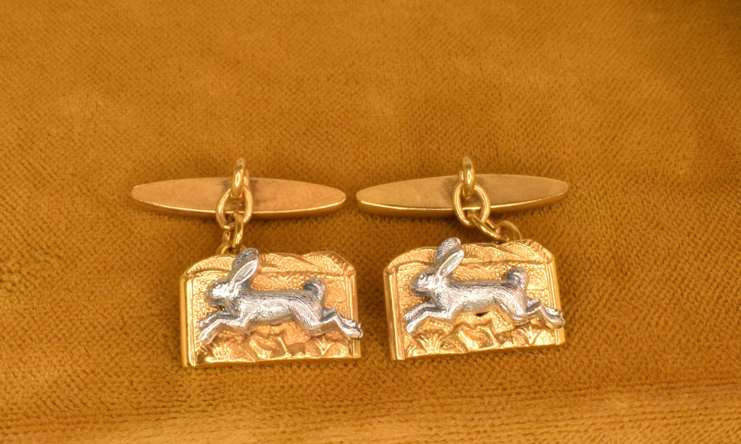 Antique Hare Cufflinks, Gold and Silver Plated, Edwardian Style circa 1900-1920, Vintage Hunt Motif Jewelry