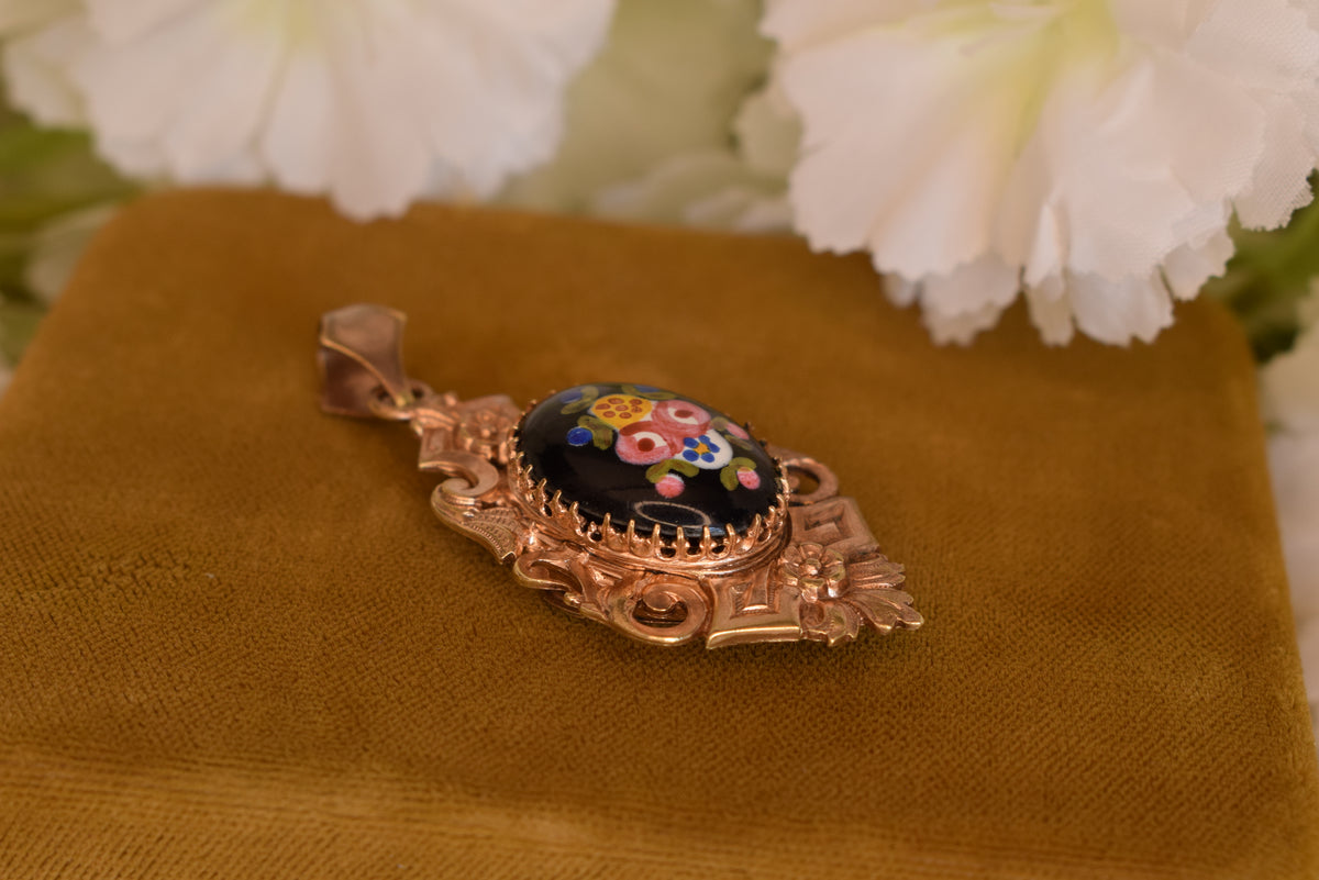 Antique Napoleon III Photo Locket Pendant Rose Gold Plated Hand-Painted Porcelain Flowers Victorian Necklace Circa 1880