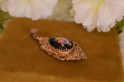 Antique Napoleon III Photo Locket Pendant Rose Gold Plated Hand-Painted Porcelain Flowers Victorian Necklace Circa 1880