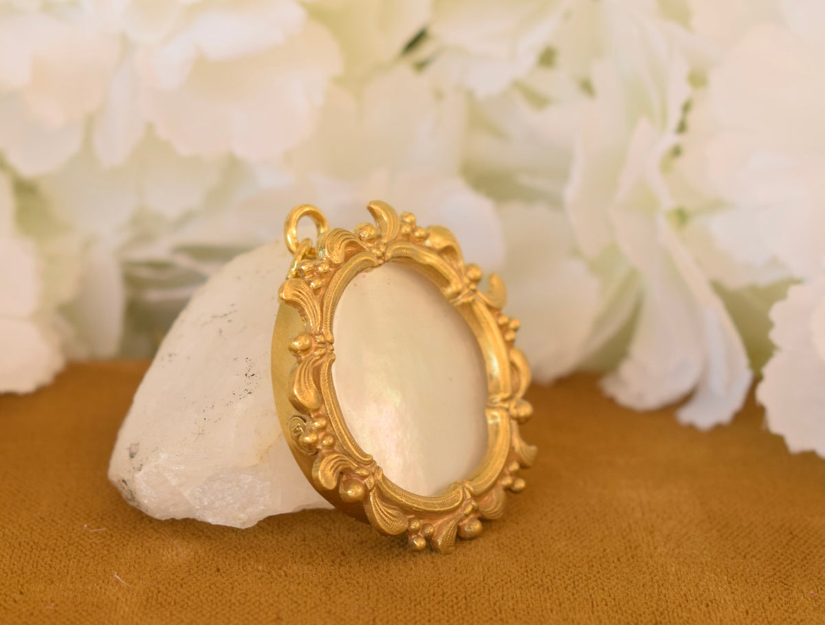 Antique ORIA Gold Filled Photo Locket – Mother of Pearl & Domed Glass – Signed French Keepsake Pendant