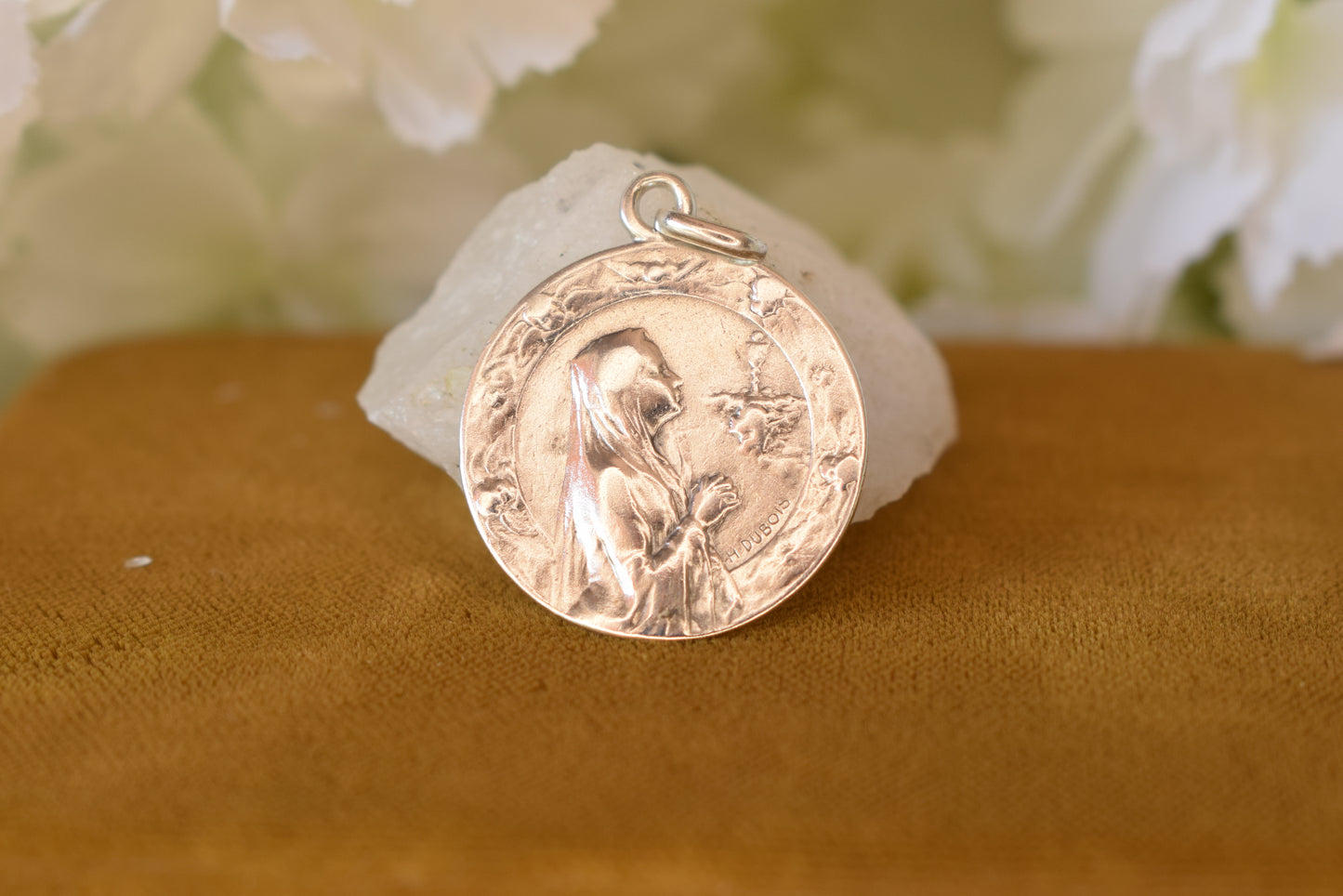 Antique French Silver Medal Praying Virgin Mary 1899 – Signed H. Dubois – Religious Pendant