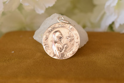 Antique French Silver Medal Praying Virgin Mary 1899 – Signed H. Dubois – Religious Pendant