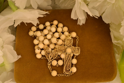 Antique 19th Century Silver Gilt Rosary, Filigree Cross & Heart, 5mm Beads, Religious Vermeil Jewelry