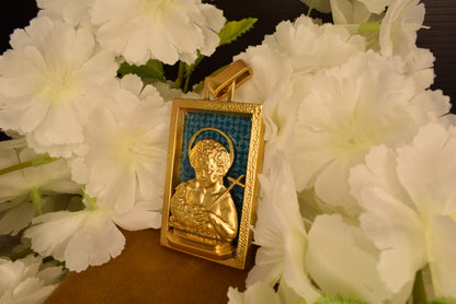 Art Deco Augis Gold Plated Religious Medal, Good Shepherd Child Jesus Lamb Pendant, French Vintage Blue Enamel, Signed Antique Jewelry