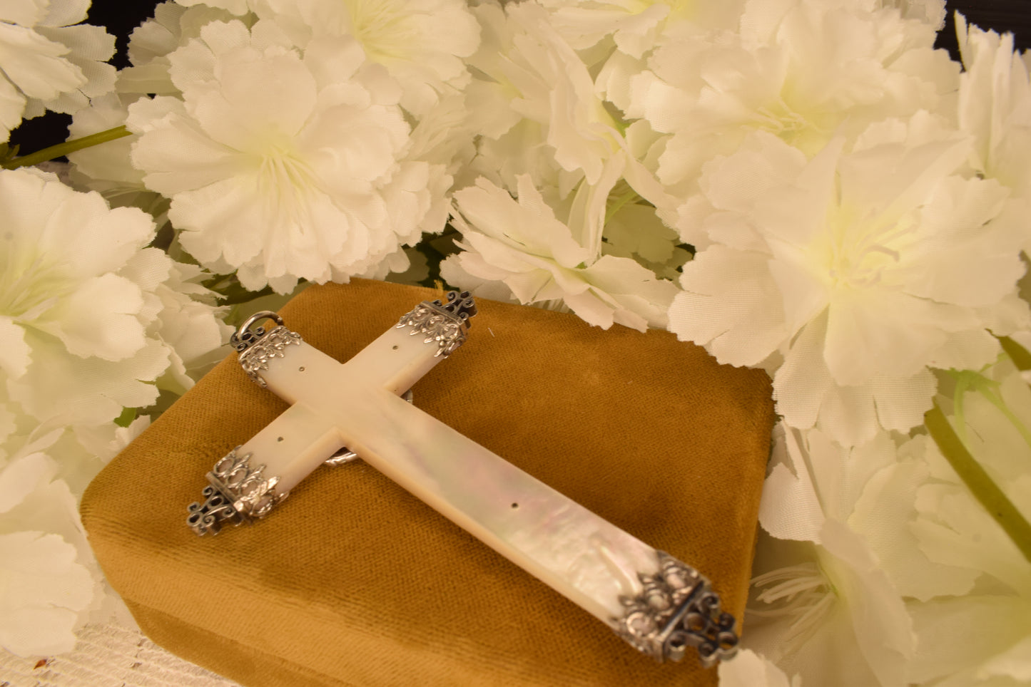 Large Antique Mother of Pearl & Solid Silver Cross Pendant, 19th Century Hallmarked French Crucifix