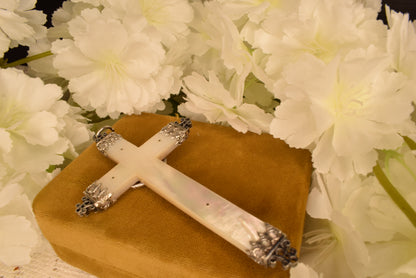 Large Antique Mother of Pearl & Solid Silver Cross Pendant, 19th Century Hallmarked French Crucifix