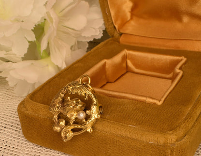 Antique Chimera Brooch Pendant, 24K Gold Plated, Pearl, Art Nouveau Style Vintage Jewelry