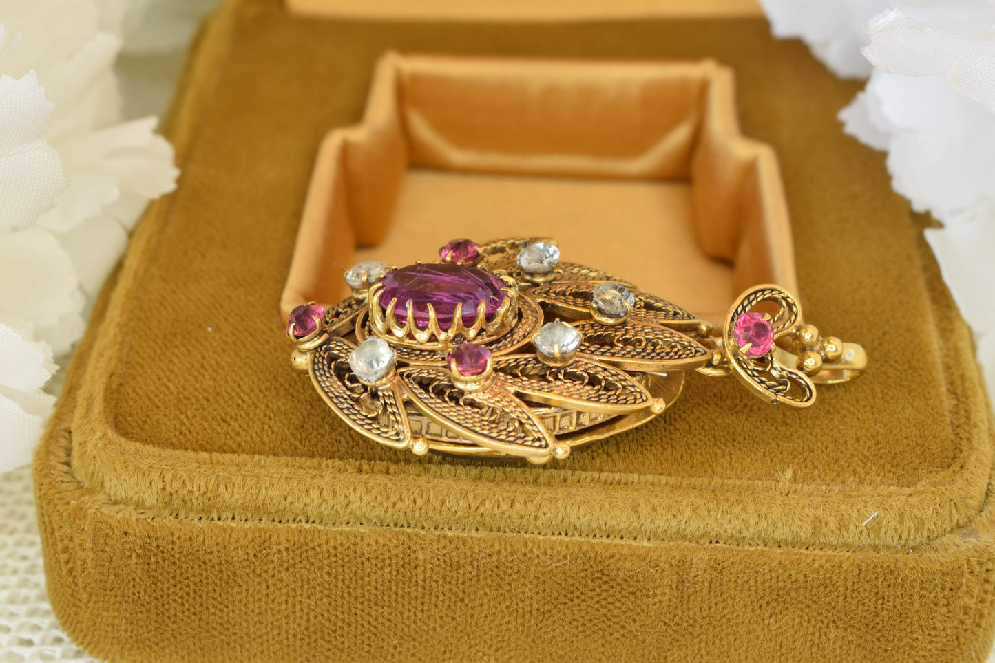 Antique 19th Century Gold Plated Filigree Pendant Brooch, Cannetille Lotus Design, Pink Faceted Glass Paste, Convertible Locket, Victorian Jewelry