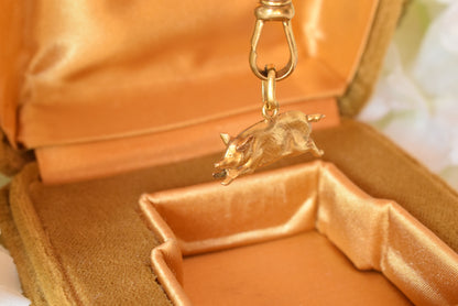 Antique 18K Gold Plated Pig Charm, Signed Oria, French Rolled Gold Fob Pendant, Belle Époque Charm Bracelet Jewelry