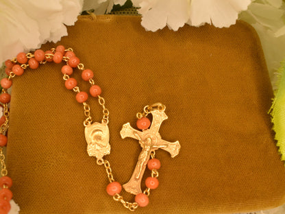 Antique Silver Vermeil Rosary Hallmarked Coral Beads - 19th Century French Religious Chapelet with Cross and Marian Medal - Antique Devotional Jewelry