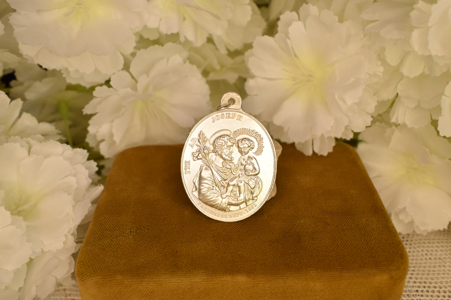 Antique Silver-Plated Medal Saint Joseph Virgin Mary 1851 Religious Pendant 19th Century French Catholic Medal Paris Antique