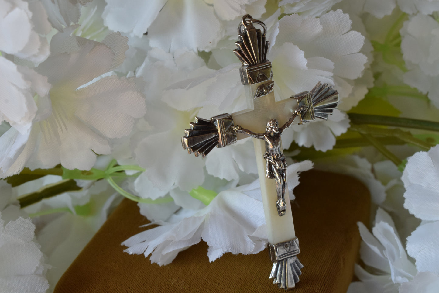 Antique French Sterling Silver Crucifix Pendant, Art Deco Cross with Mother of Pearl & Charançon Hallmark, Vintage Religious Jewelry