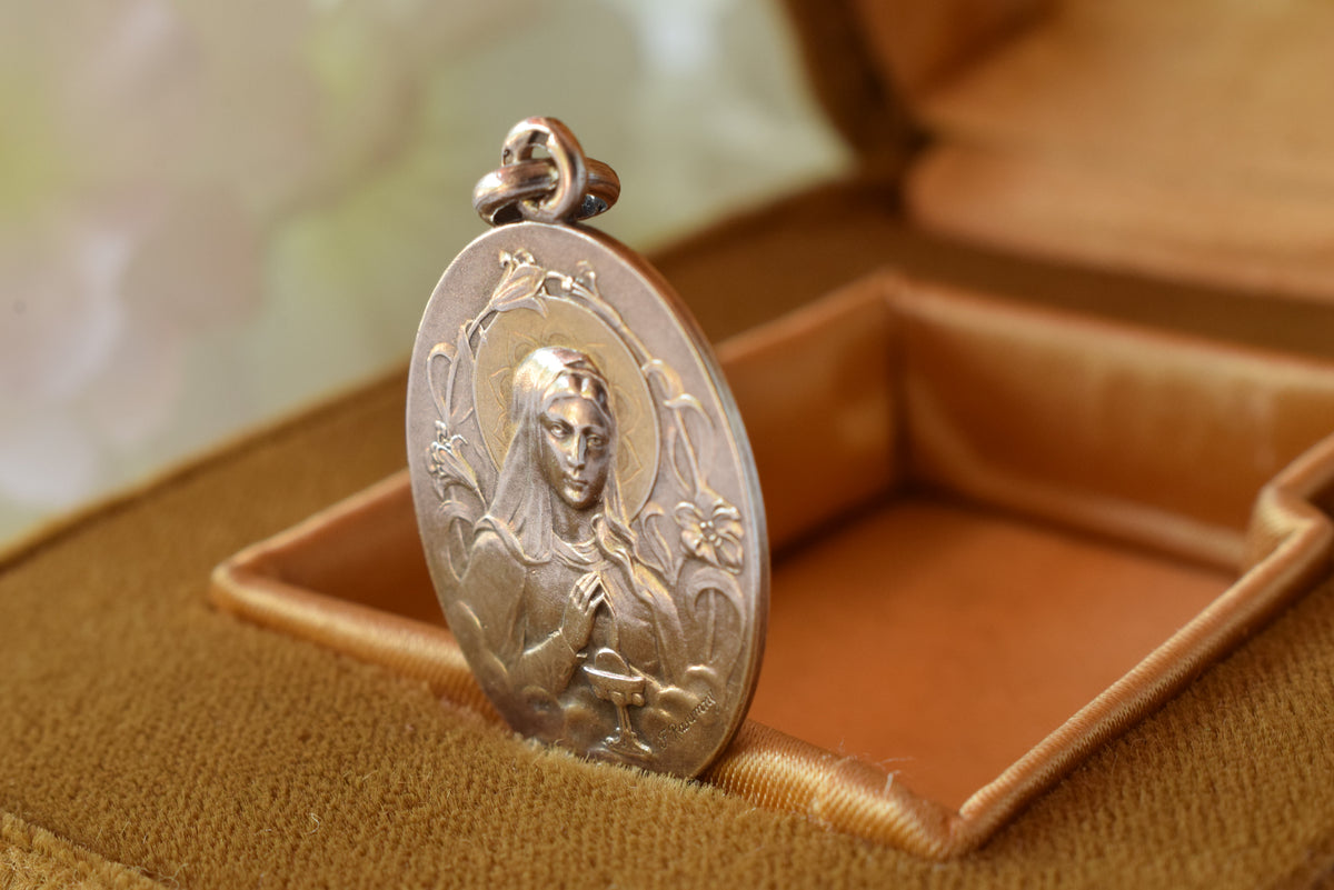 Antique French Silver Communion Medal Signed F. Rasumny Art Nouveau 1900s Religious Pendant Solid Silver 800 Rare Collectible
