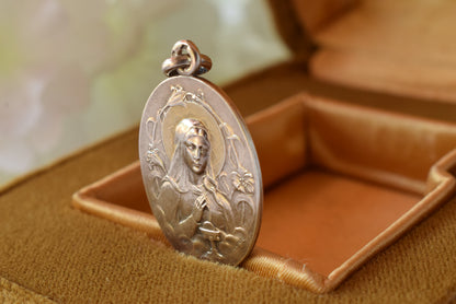 Antique French Silver Communion Medal Signed F. Rasumny Art Nouveau 1900s Religious Pendant Solid Silver 800 Rare Collectible