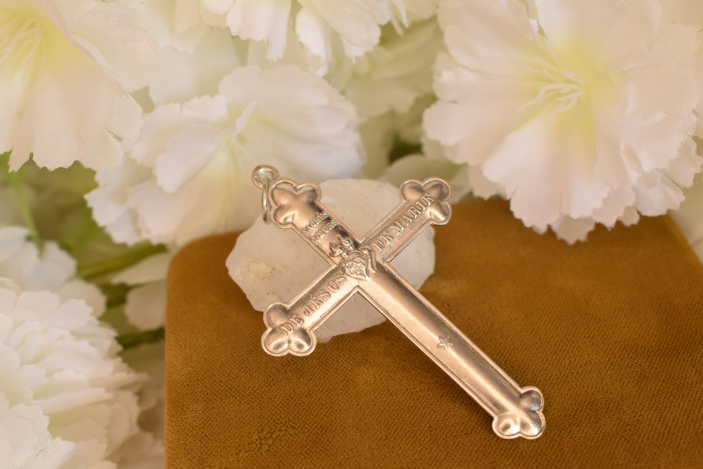 Antique Solid Silver Sacred Heart Cross, French Religious Pendant, Vintage De Jésus De Marie Cross