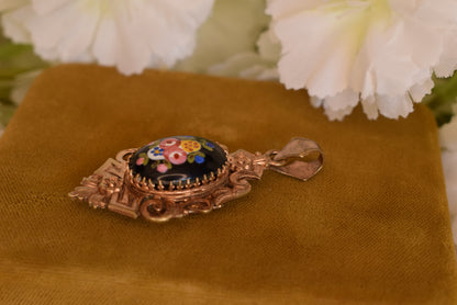 Antique Napoleon III Photo Locket Pendant Rose Gold Plated Hand-Painted Porcelain Flowers Victorian Necklace Circa 1880