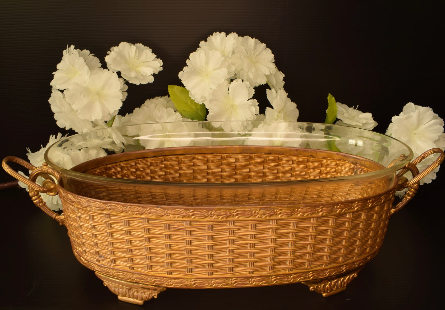 Antique Gilt Bronze Jardiniere Woven Basket Cut Glass Liner Napoleon III French Centerpiece Bowl 19th Century
