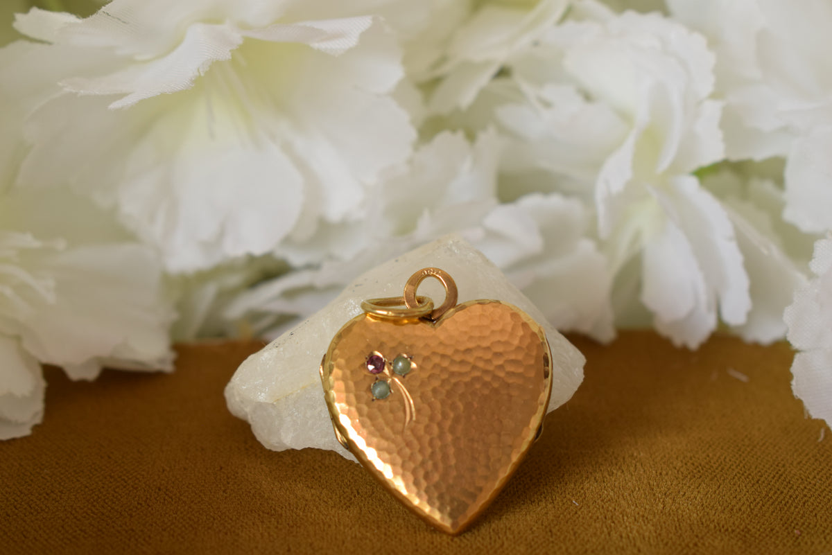 Antique French ORIA Gold Filled Heart Locket – Photo Locket – Clover Motif – Vintage Pendant