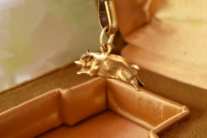 Antique 18K Gold Plated Pig Charm, Signed Oria, French Rolled Gold Fob Pendant, Belle Époque Charm Bracelet Jewelry