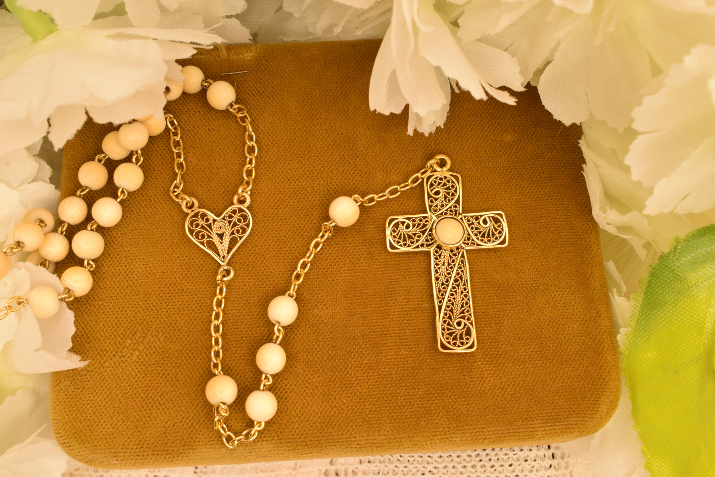 Antique 19th Century Silver Gilt Rosary, Filigree Cross & Heart, 5mm Beads, Religious Vermeil Jewelry