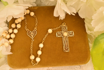 Antique 19th Century Silver Gilt Rosary, Filigree Cross & Heart, 5mm Beads, Religious Vermeil Jewelry