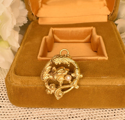 Antique Chimera Brooch Pendant, 24K Gold Plated, Pearl, Art Nouveau Style Vintage Jewelry