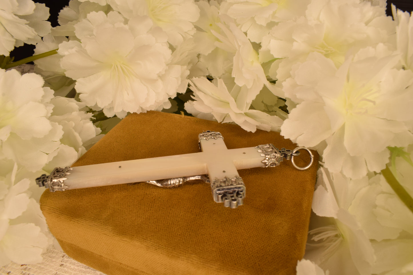 Large Antique Mother of Pearl & Solid Silver Cross Pendant, 19th Century Hallmarked French Crucifix