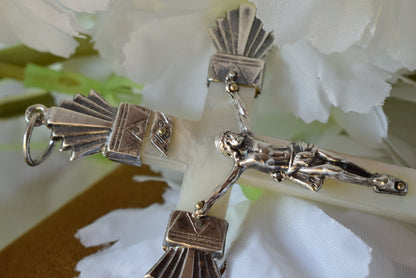 Antique French Sterling Silver Crucifix Pendant, Art Deco Cross with Mother of Pearl & Charançon Hallmark, Vintage Religious Jewelry
