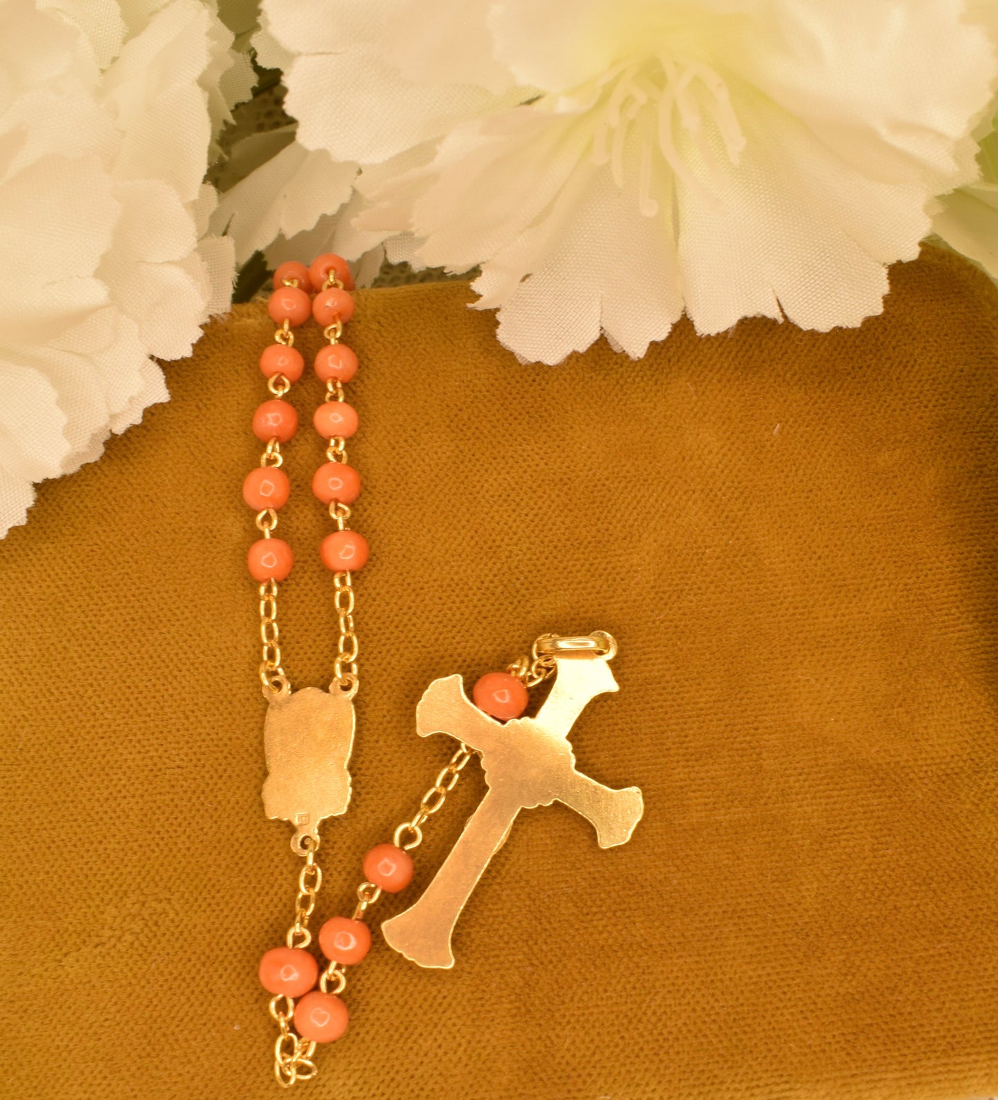 Antique Silver Vermeil Rosary Hallmarked Coral Beads - 19th Century French Religious Chapelet with Cross and Marian Medal - Antique Devotional Jewelry