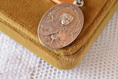 Antique French Silver Communion Medal Signed F. Rasumny Art Nouveau 1900s Religious Pendant Solid Silver 800 Rare Collectible