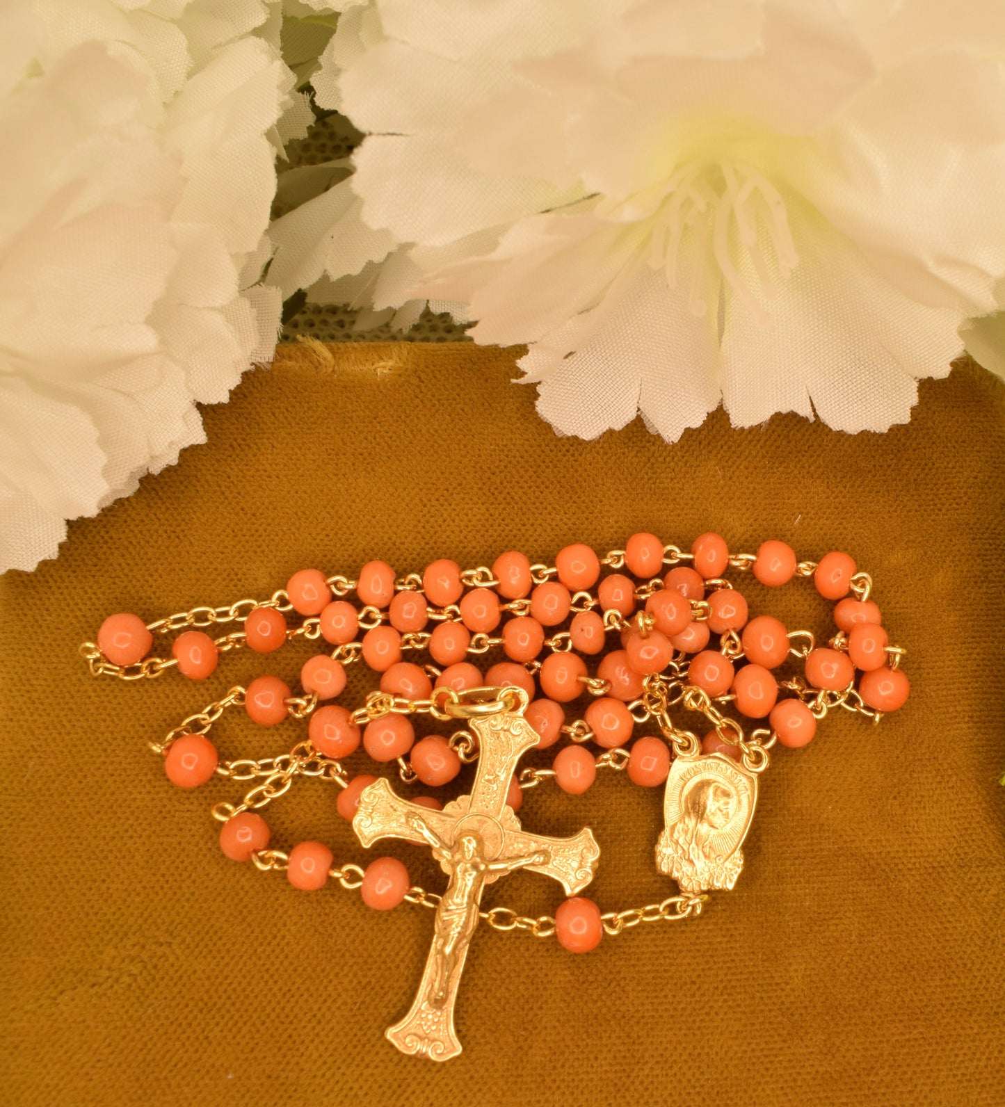Antique Silver Vermeil Rosary Hallmarked Coral Beads - 19th Century French Religious Chapelet with Cross and Marian Medal - Antique Devotional Jewelry