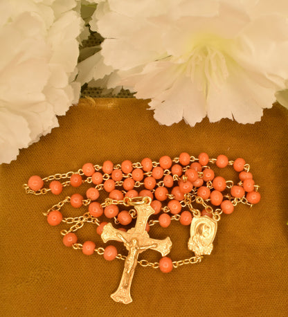 Antique Silver Vermeil Rosary Hallmarked Coral Beads - 19th Century French Religious Chapelet with Cross and Marian Medal - Antique Devotional Jewelry