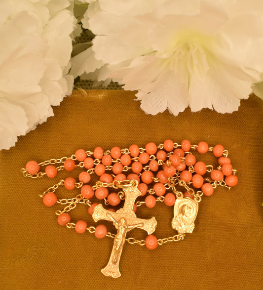 Antique Silver Vermeil Rosary Hallmarked Coral Beads - 19th Century French Religious Chapelet with Cross and Marian Medal - Antique Devotional Jewelry