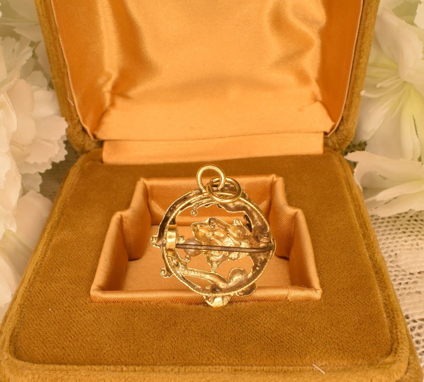 Antique Chimera Brooch Pendant, 24K Gold Plated, Pearl, Art Nouveau Style Vintage Jewelry