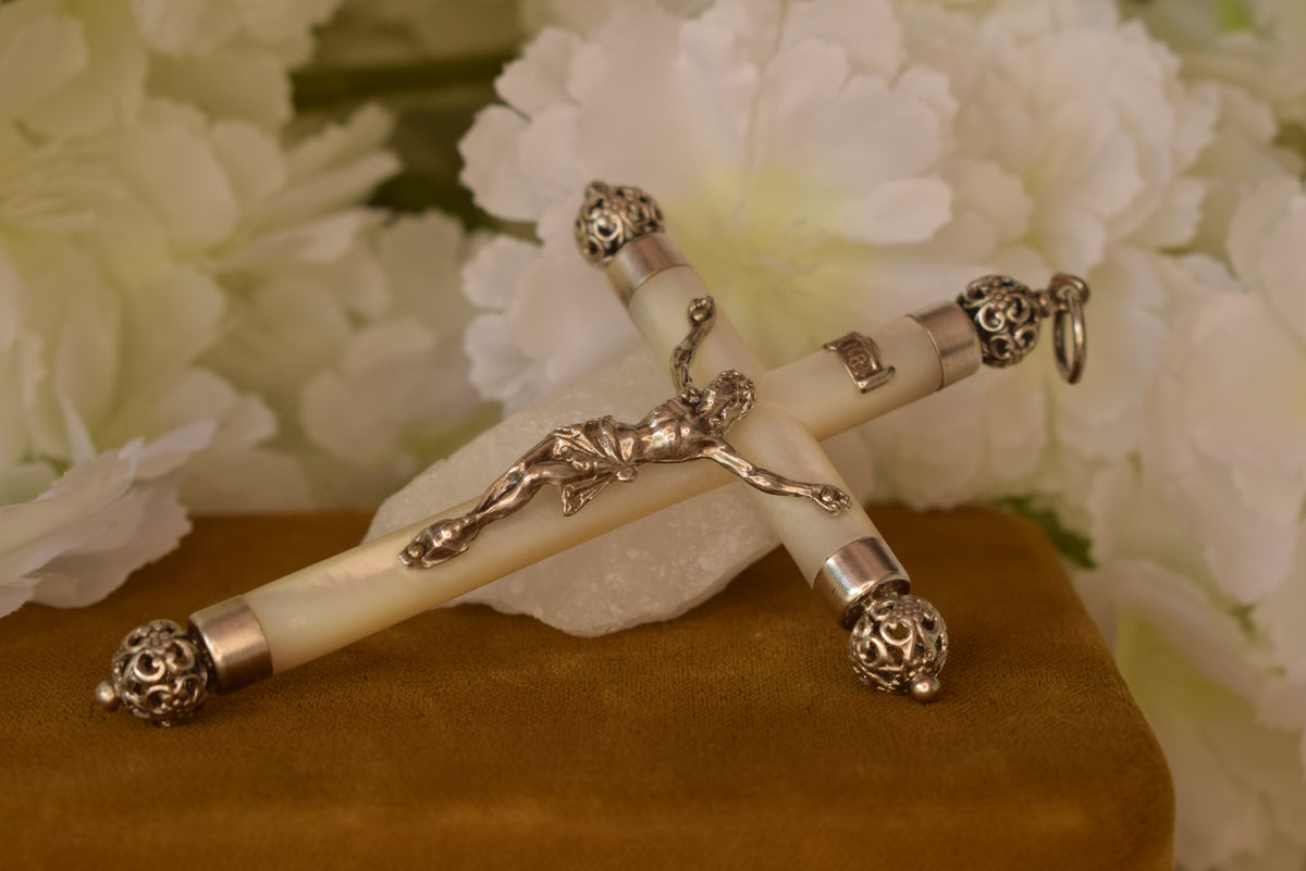 Antique 19th Century French Mother of Pearl Crucifix – Hallmarked Solid Silver Cross – Religious Pendant 92mm