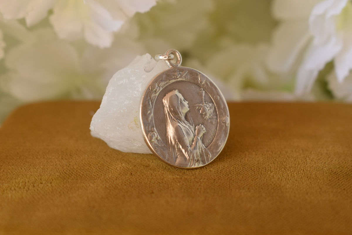 Antique French Silver Medal Praying Virgin Mary 1899 – Signed H. Dubois – Religious Pendant
