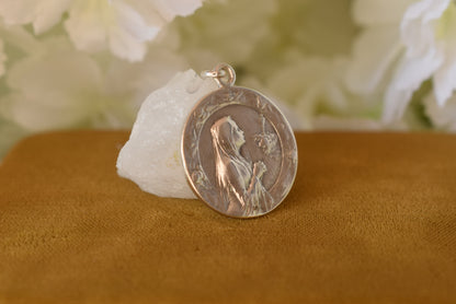 Antique French Silver Medal Praying Virgin Mary 1899 – Signed H. Dubois – Religious Pendant