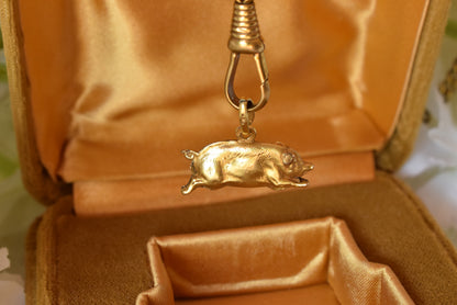 Antique 18K Gold Plated Pig Charm, Signed Oria, French Rolled Gold Fob Pendant, Belle Époque Charm Bracelet Jewelry
