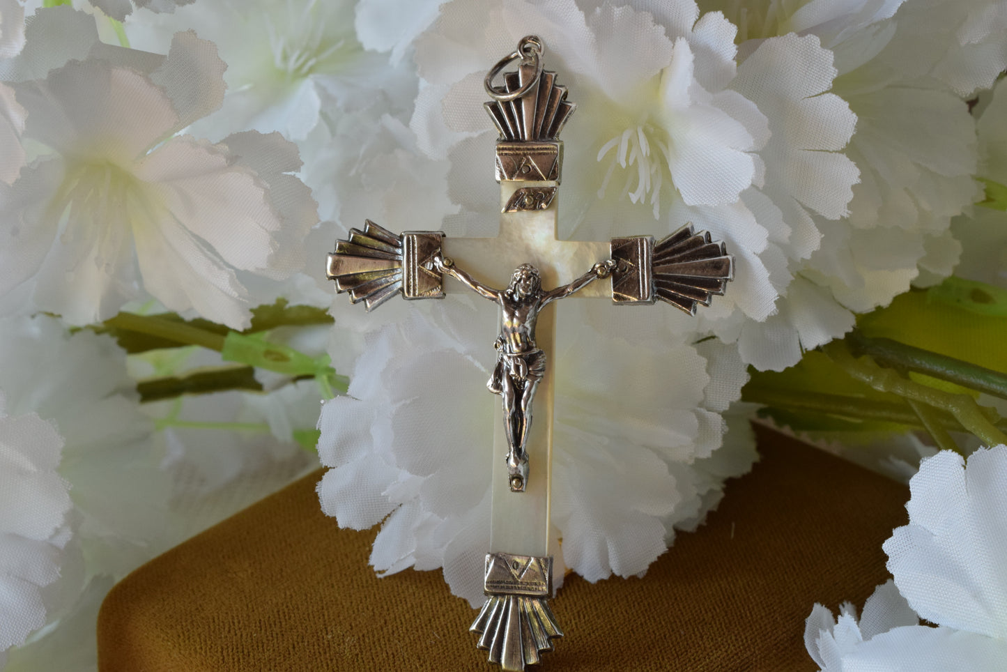 Antique French Sterling Silver Crucifix Pendant, Art Deco Cross with Mother of Pearl & Charançon Hallmark, Vintage Religious Jewelry