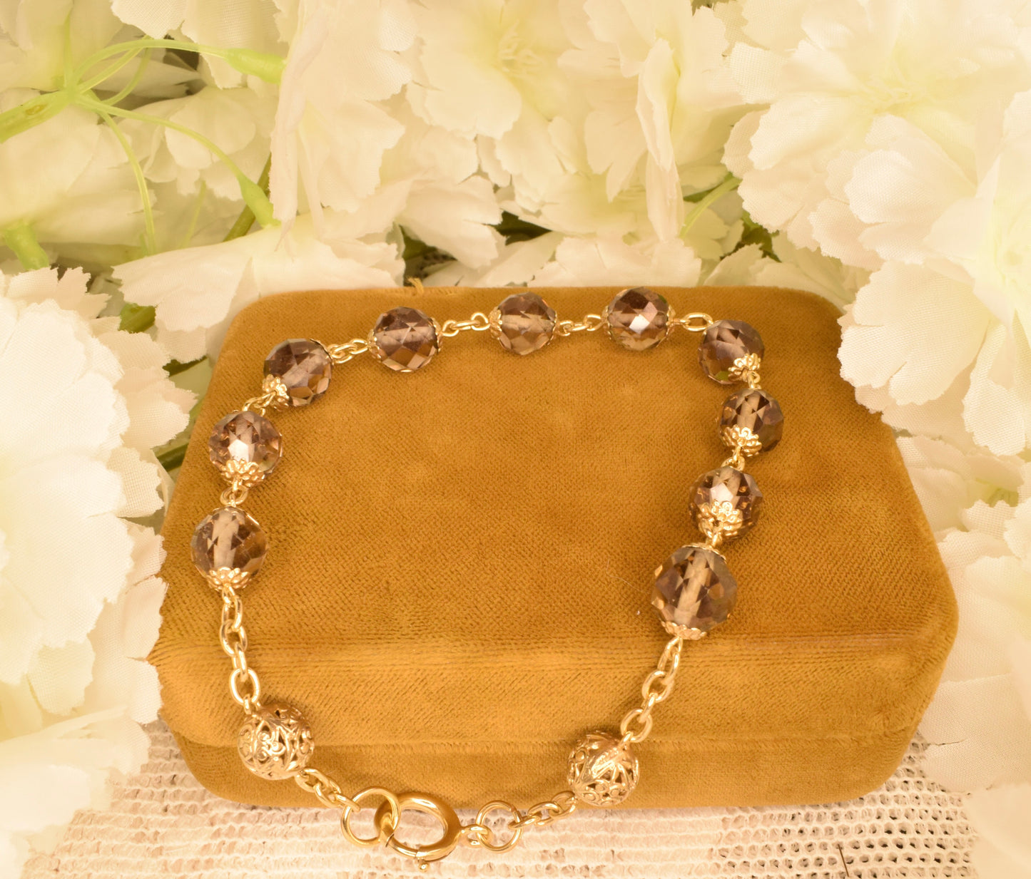 Antique 19th Century Silver Gilt Faceted Crystal Rosary Decade - French Vermeil Devotional Bracelet - Hallmarked Silver
