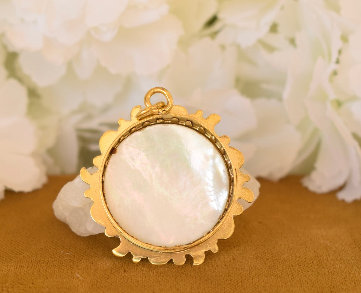 Antique ORIA Gold Filled Photo Locket – Mother of Pearl & Domed Glass – Signed French Keepsake Pendant