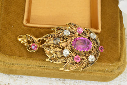 Antique 19th Century Gold Plated Filigree Pendant Brooch, Cannetille Lotus Design, Pink Faceted Glass Paste, Convertible Locket, Victorian Jewelry