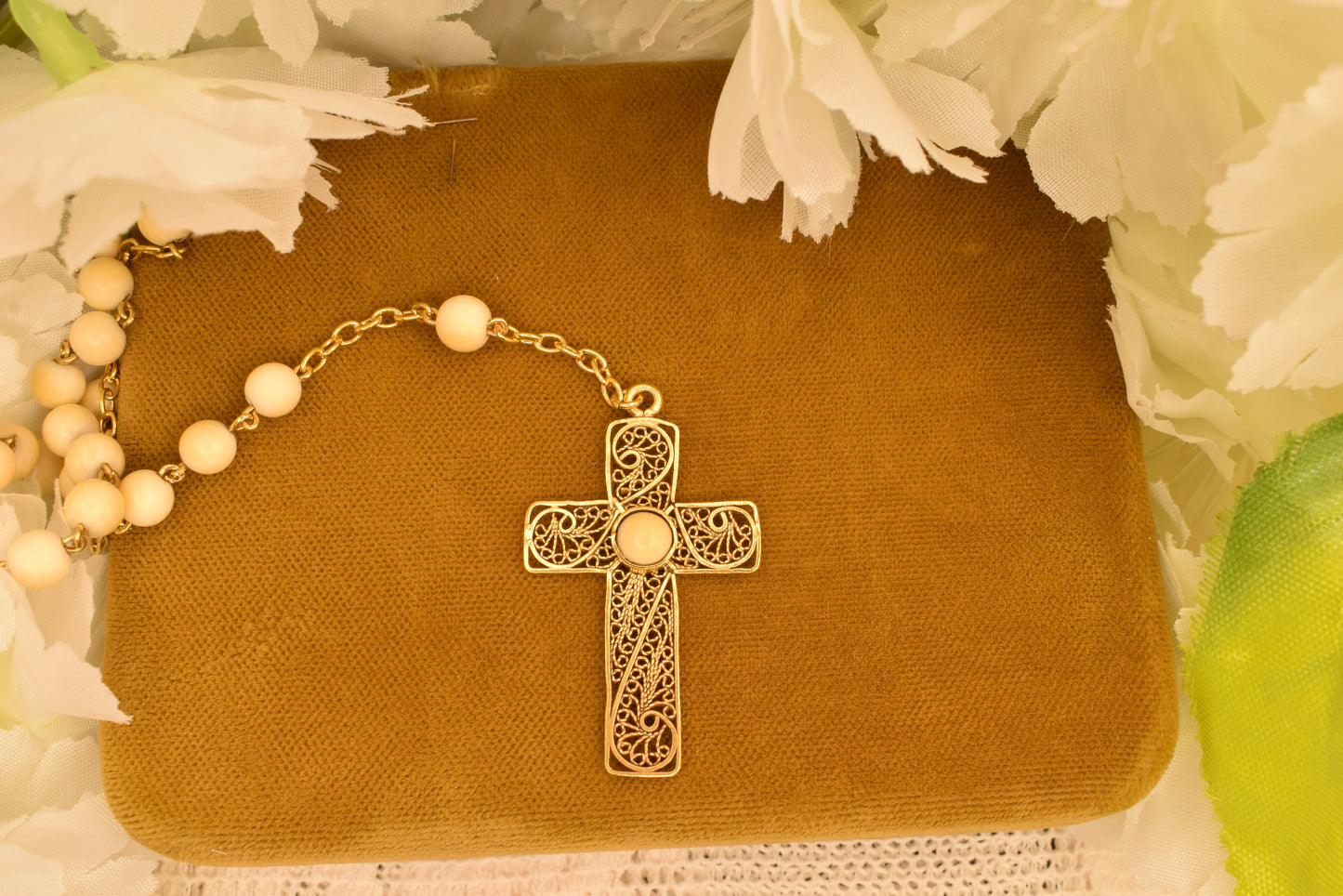 Antique 19th Century Silver Gilt Rosary, Filigree Cross & Heart, 5mm Beads, Religious Vermeil Jewelry
