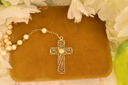 Antique 19th Century Silver Gilt Rosary, Filigree Cross & Heart, 5mm Beads, Religious Vermeil Jewelry